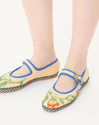 Mary-Jane Endouce Ballerina aus Raffia mit Blumenstickerei