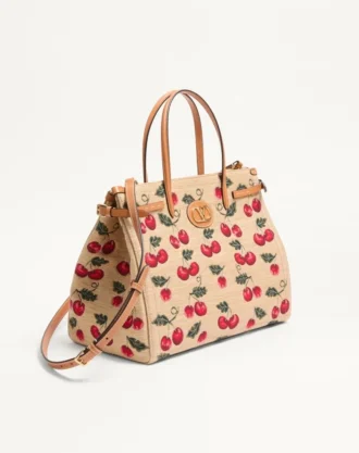 Valentino Garavani Antibes Medium Shopping Bag aus Jacquard-Raffia mit Cherryfic-Motiv