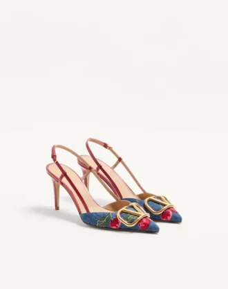 Vlogo Signature Slingback Pumps aus Denim mit Cherryfic-Stickerei 80 mm